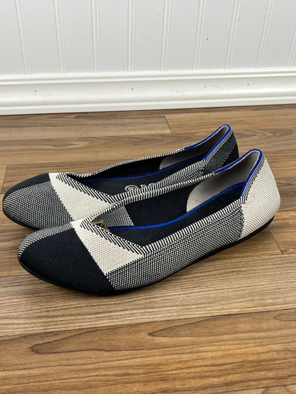 Rothy’s The Flat Captoe Plaid Ballet Flats Shoes Black & White Size 9.5 - Picture 3 of 9